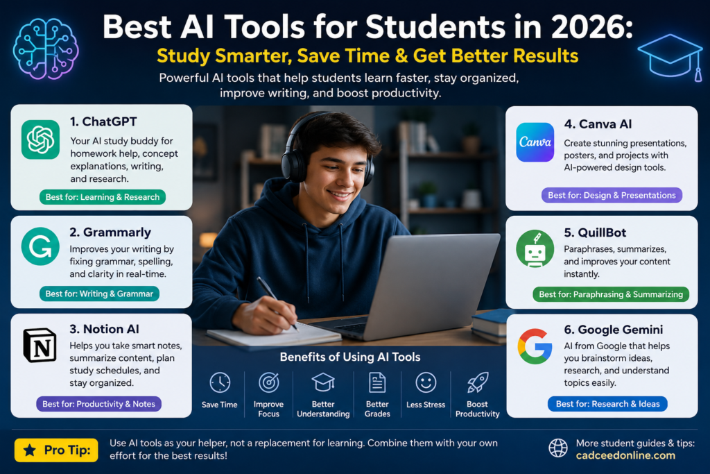 Infographic titled “Best AI Tools for Students in 2026” featuring a student using a laptop with popular AI study tools like ChatGPT, Grammarly, Notion AI, Canva AI, QuillBot, and Google Gemini to improve learning, productivity, and academic success.